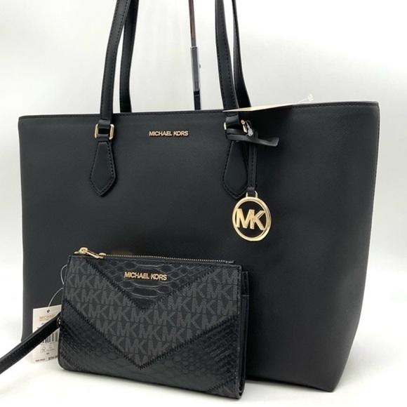 Michael Kors Bag Large Sheila Mf Tote Bag & Large Double Zip Wallet Black/Gold - Picture 2 of 14